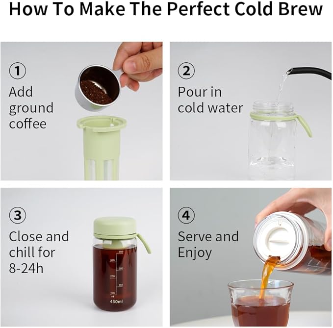 watchget Cold Brew Coffee Maker Travel Tumbler with Soft Silicone Handle Portable Iced Coffee & Tea Infuser with Airtight Lid Cold Brew Travel Cup 15oz/450ml Green