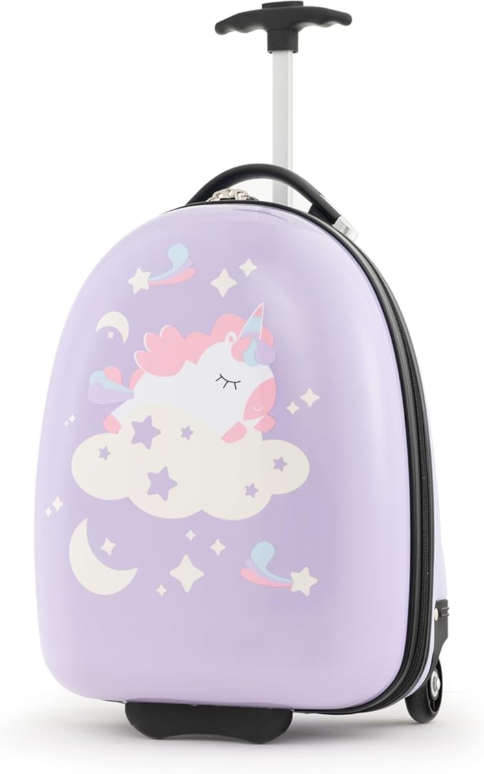 Goplus Kids Luggage, 16’’ Carry On Suitcase with Wheels, Waterproof Hard Shell, Lightweight Rolling Luggage for Travel, Birthday Gifts for Toddlers, Children, Boys, Girls (Purple-Unicorn)