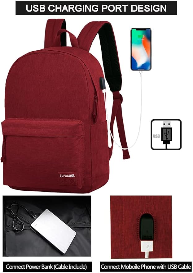 SUPACOOL Casual Laptop Backpack for Men and Women, Backpack with USB Charging Port(Garnet set)