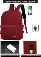 SUPACOOL Casual Laptop Backpack for Men and Women, Backpack with USB Charging Port(Garnet set)