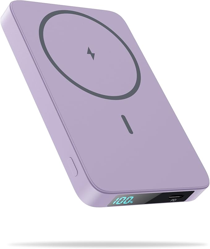 Magnetic Portable Charger Power Bank,Slim Wireless Portable Charger with LCD Display,PD Fast Charging USB-C Battery Pack Compatible with Magsafe,iPhone 16/16 Plus/15/14/13/12 (Purple, 5500mAh)