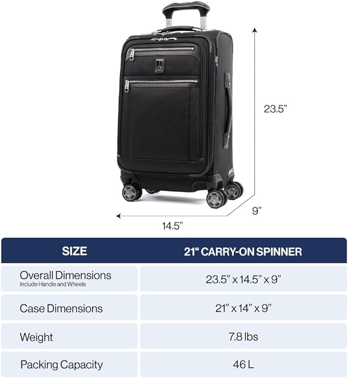Travelpro Platinum Elite Softside Expandable Carry on Luggage, 8 Wheel Spinner Suitcase, USB Port, Suiter, Men and Women, Shadow Black, Carry On 21-Inch
