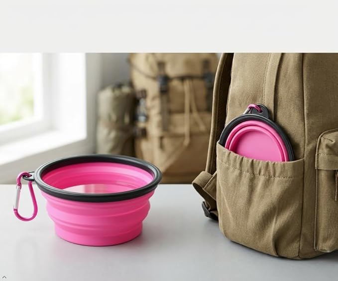 Silicone Foldable Pet Food Water Feeder, Collapsible Travel Bowl for Dog and Cat, Outdoor Portable (Pink)