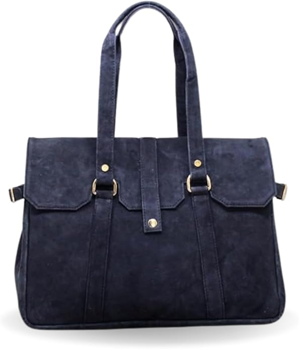 Amari Midnight Blue Suede Leather Tote Bag for Women | Fits 14” Laptop | Ethical Handcrafted Indian Shoulder & Messenger Bag | Soft Genuine Suede | Office, Travel & Everyday Use