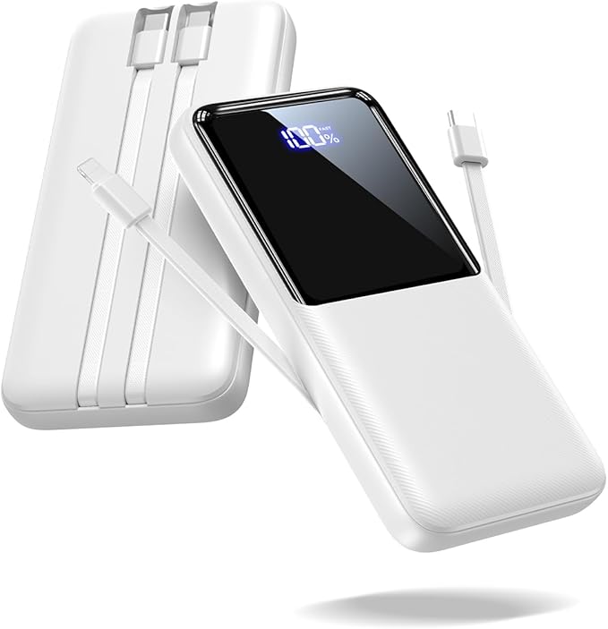 CFIAI Portable Charger Power Bank - 15000mAh Fast Charging Portable Battery Pack with Built in USB-C(22.5W) and iOS(20W) Output Cables (1 Pack，White)