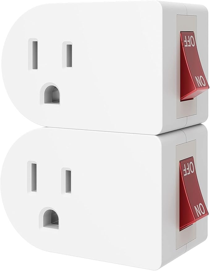 Oviitech 2 Pack Grounded Outlet Wall Tap Adapter with On/Off Power Switch，Single Outlet with Switch in White