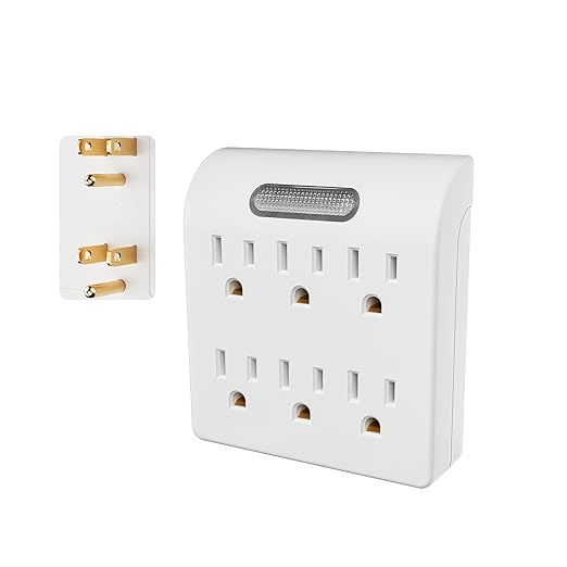 6-Outlet Extender, 3-Prong Grounded Wall Tap Adapter with LED Guide Light, 1875W Multiple Plug Electrical Outlets Splitter for Home, Office, Hotel, Travel, ETL Listed, Cruise Essentials, White