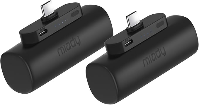 Miady 2-Pack 5000mAh Mini Portable Charger with Built-in Type C Connector, 5V 2.4A USB-C Output Fast Charging Small Power Bank Compatible with iPhone 17/16 Galaxy S24/S22 iPad (2 Black)