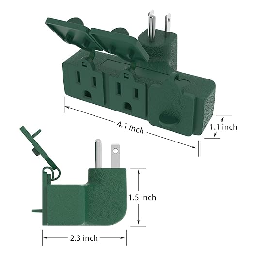 Outdoor Plug Extender, 3 Outlet Splitter with Safe Cover, Heavy Duty Waterproof Multi Plug for Christmas & Holiday Decorations, 1875W/15A ETL Listed, Green, 2 Pack