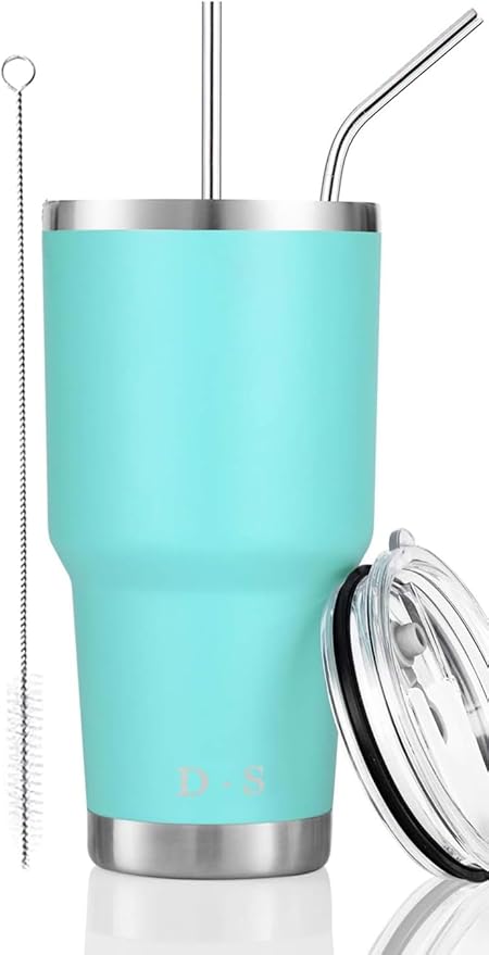 D·S 30oz Mint Tumbler Stainless Steel Double Wall Vacuum Insulated Mug with Straw and Lid, Cleaning Brush for Cold and Hot Beverages