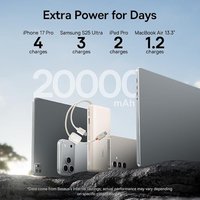 Baseus Smallest Qi2 Certified 15W MagSafe Portable Charger, 0.5" Ultra Slim 5000mAh Bundle with Portable Charger with Built in Cable, 100W Laptop Power Bank 20000mAh, Travel Essential Fast Charging
