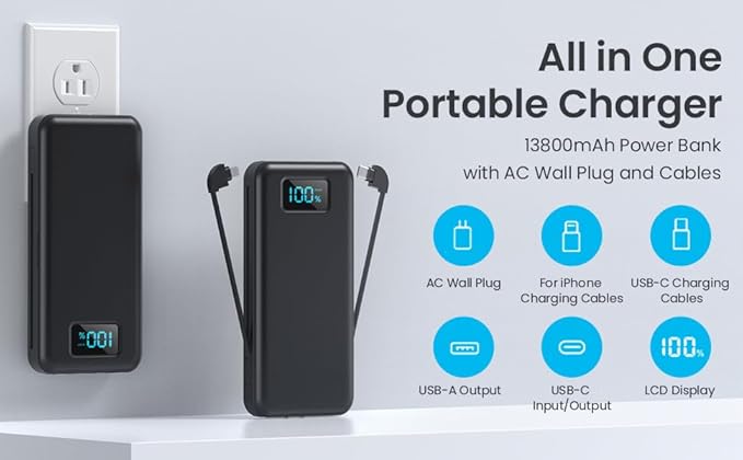 Portable Charger with Built-in AC Plug and Cables,13800mAh USB C Fast Charging Power Bank,Travel Essentials Portable Phone Charger Battery Pack for iPhone 17/16/15/14/13,Galaxy,Android-Graphite Black