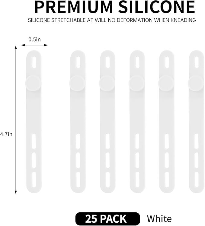 Oligei 25 Pcs Silicone Cable Ties, Cable Ties Reusable, High Elasticity Cord Wraps for Electrical Cords, Cord Organizer for Earphone, Phone Charger(White)