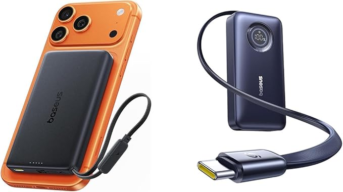 Baseus Qi2.2 25W Slim 10,000mAh Magnetic Power Bank Built in USB C Cable Bundle with 10000mAh Fast Charging Portable Charger Built-in 45W Retractable USB-C Cable