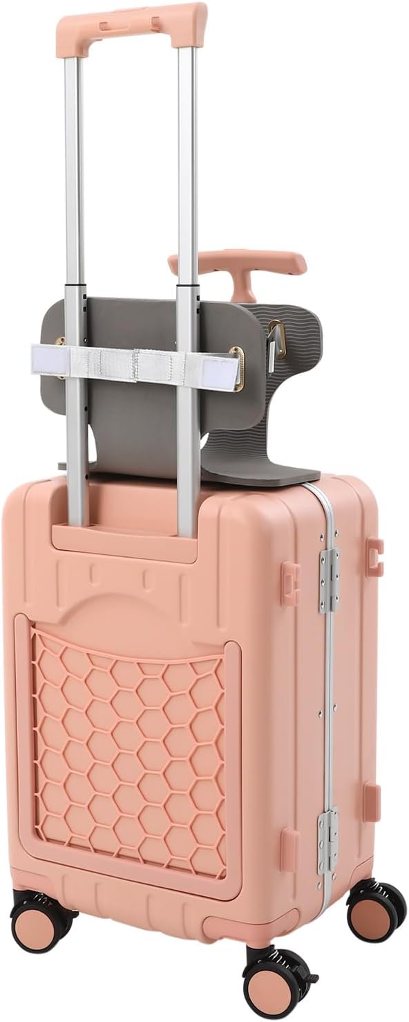 CNCEST 20" Adjustable Double Handle Ride-on Luggage,Travel Carry On Trolley Case with Mesh Pocket for Kids,Children's Ride On Suitcase with Wheels & TSA Lock (StyleB, Pink)
