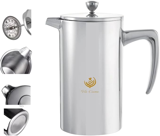 VIA CREMA French Press Coffee Maker, Stainless Steel, 800ml/27oz