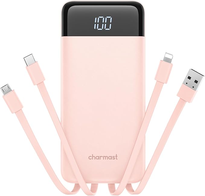 charmast 10000mAh Portable Charger with Built-in Cables, 6 Outputs & 3 Inputs Power Bank, Compact Travel Essential Battery Pack for iPhone 16/15, Samsung S25/S24, Google Pixel, iPad, AirPods & More