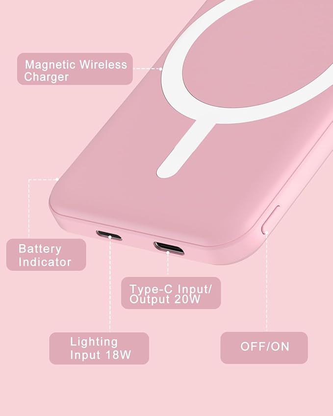 podoru for Magsafe Battery Pack, 5000mAh Magnetic Power Bank with Type-C Cable 20W PD Fast Charging Lighting Input Wireless Portable Charger for iPhone 17/16/15/14/13/12/ All Series-Pink