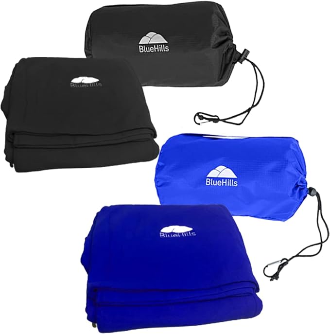 BlueHills Premium Soft Ultra Compact Travel Blanket Value Pack Set of 2 - Airplane Traveling Essentials Flight Blanket in a Portable Car Plane Travel Gift - Black and Royal Blue