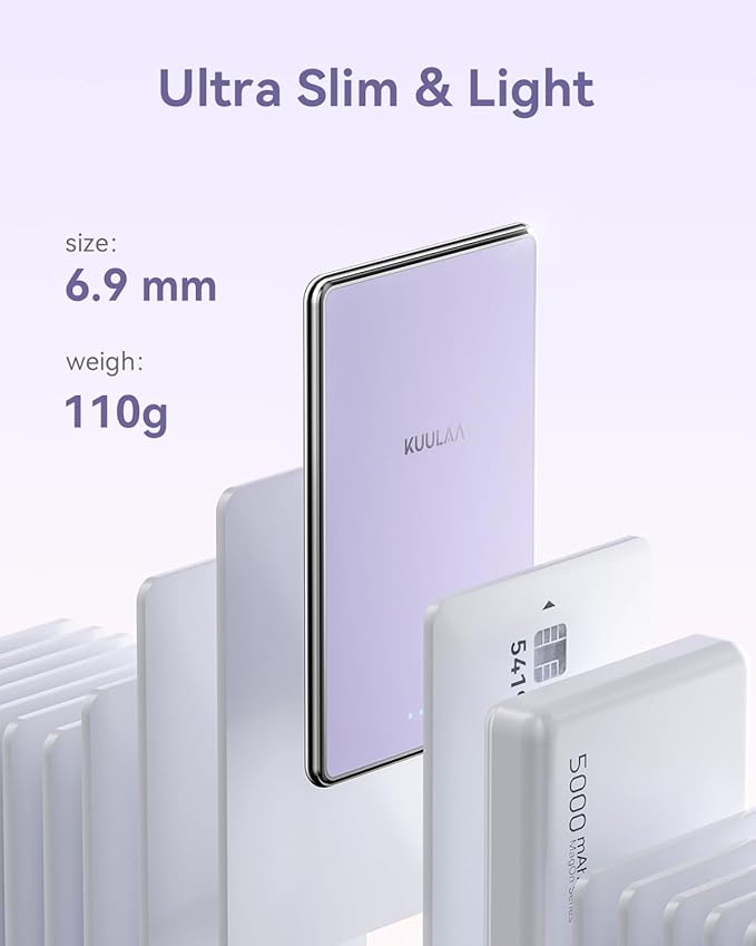 Kuulaa for MagSafe Battery Pack 5000mAh Slim Magsafe Portable Charger 0.28in Magnetic Wireless Apple Portable Charger 20W USB-C Power Delivery Power Bank for iPhone 16/15/14/13/12 Series (Purple)
