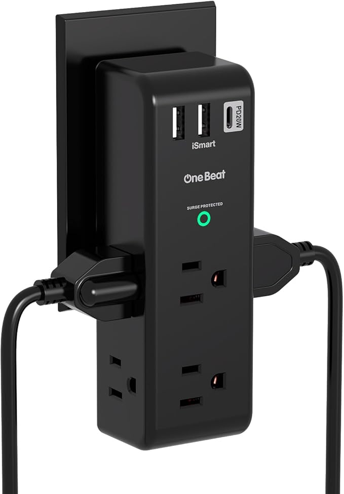 PD20W Surge Protector Outlet Extender - Rotating Plug, One Beat 6 AC Multi Plug Outlet with 3 USB Ports (1 USB C), 1800J Wall Charger, 3-Sided Power Adapter with Spaced Outlet Splitter for Home Office