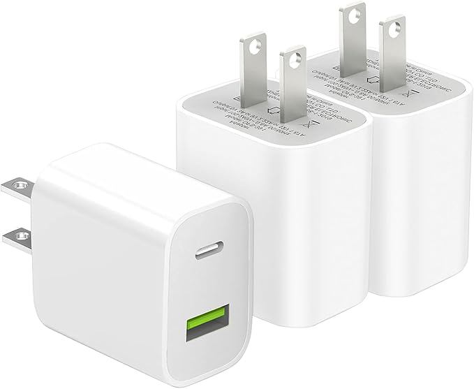 3 Pack USB C Charger Block, Dual Port Type C Wall Charger Fast Charging 20W Power Adapter Cube for iPhone 14/14 Pro/14 Pro Max/14 Plus/13/12/11, XS/XR/X, iPad, Samsung, More