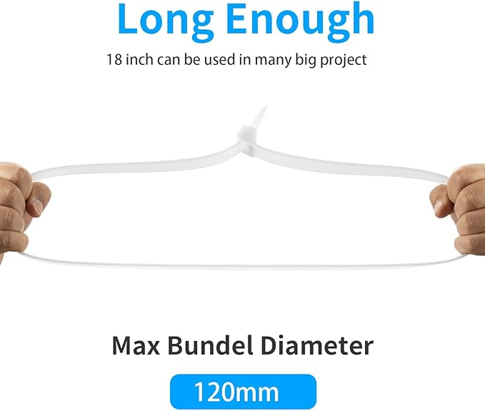 18 inch White Zip Ties Heavy Duty 500 PACK, 200 LBS Ultra Exclusive Strong Plastic Wire Ties, Large Cable Ties Extra Long Tie Wraps, Indoor and Outdoor UV Resistant