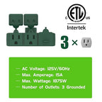 Outdoor Plug Extender, 3 Outlet Splitter with Safe Cover, Heavy Duty Waterproof Multi Plug for Christmas & Holiday Decorations, 1875W/15A ETL Listed, Green, 2 Pack