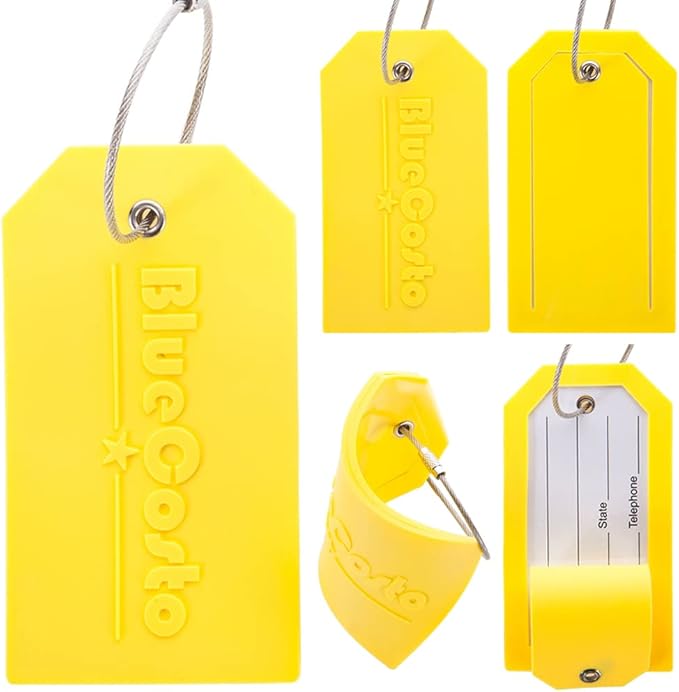 BlueCosto - Luggage Tags - Large, Yellow, 5 PK - PVC Suitcase Tags w/Privacy Cover & Stainless Steel Wire Loops - Personalized Baggage Identifiers for Travel - Backpack Name Labels