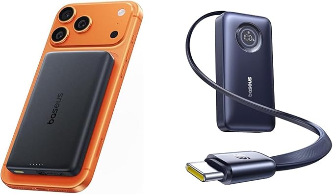 Baseus Qi2.2 25W Slim 10,000mAh Magnetic Portable Charger, Bundle 10000mAh Fast Charging Power Bank Built-in 45W Retractable USB-C Cable