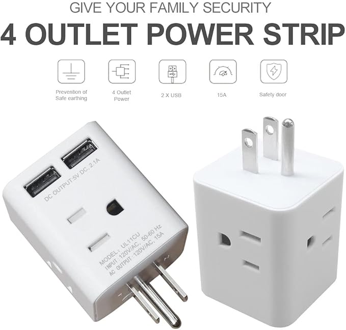 Multi Plug Outlet Extender, Vsanstar 3 Prong Wall Tap 4 Way AC Electrical Outlets Power Strip, Power Plug Splitter Grounded to USA Adapter for Home Office, Kitchen (USA Plug Outlet with USB)