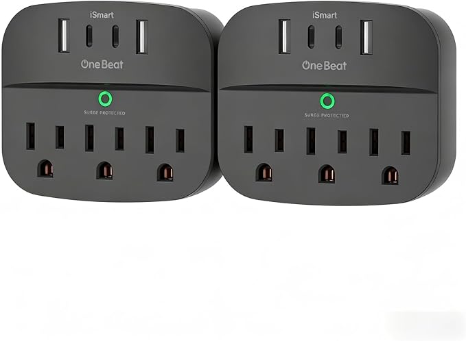 2 Pack Multi Plug Outlet Splitter, 490J Surge Protector Outlet Extender with 3 AC Outlets and 4 USB Wall Charger (2 USB C Ports), Small Adapter for Dorm Room and Travel Essentials, ETL Listed, Black