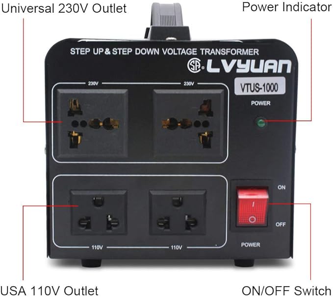 Cantonape Voltage Transformer Converter 1000 Watt Step Up/Down Convert from 110-120 Volt to 220-240 Volt and from 220-240 Volt to 110-120 Volt with 2 US Outlets, 2 Universal Outlets