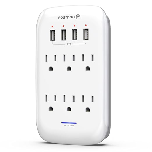 Fosmon 6 Outlet Wall Mount Surge Protector, 3-Prong Surge Suppression 1200 Joules, 15A 125VAC 60Hz 1875Watts Wall Outlet Adapter, Grounded LED, ETL Listed (4 USB-A (1 Pack))