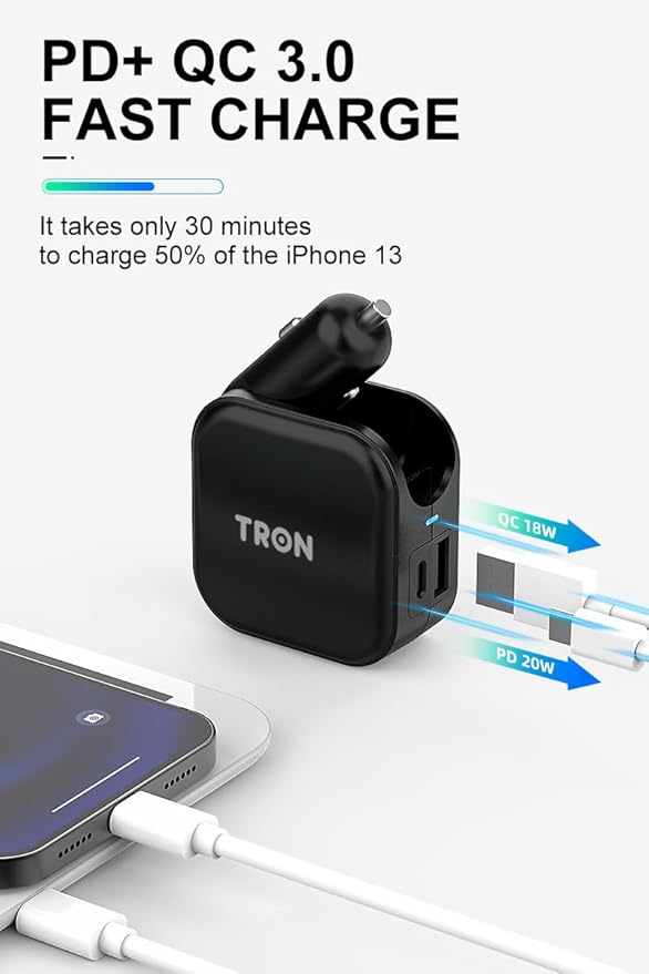 TRON Wall & Car Charger Travel Charging Station, 36W Dual USB-C & USB-A Fast Charger, Foldable for iPhone, iPad, Android, Earbuds – TR17