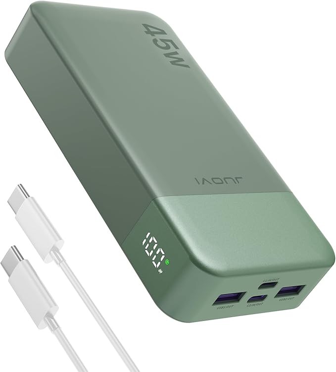 JUOVI J2621 Power Bank Portable Charger 20000mAh 45W, PD3.0 QC 4.0 Fast Charging Battery Pack with LED Display,2 USB-C,2 USB-A for iPhone 15 16, MacBook