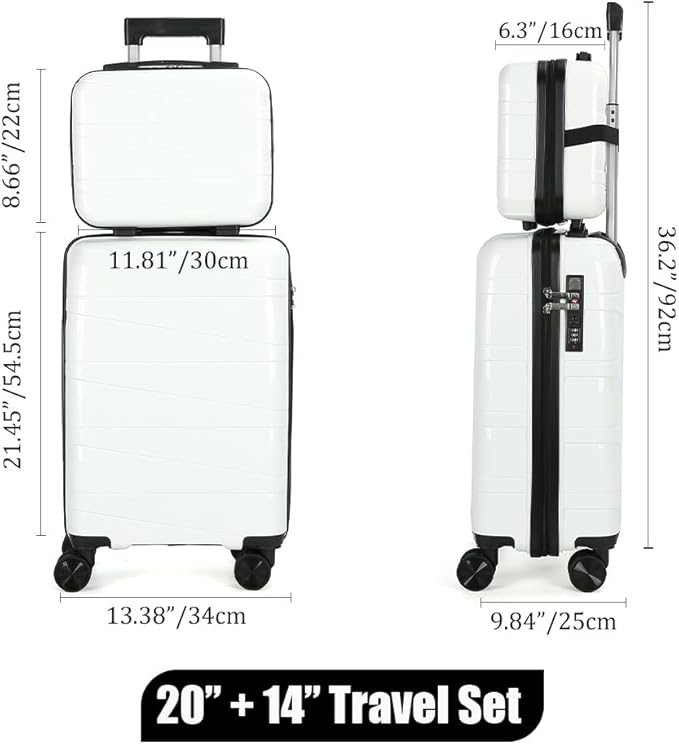 21" Hardside Carry On Luggage 22x14x9 Airline Approved with Spinner Wheels, Lightweight Suitcase Set with Phone Holder and USB Port, 2 Piece (Pearl White, 21" Carry On & 14" Cosmetic Case)
