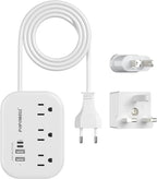 European Plug Adapter,EU/UK/US Travel Power Strip with 3 Outlets & 4 USB Ports(3.4A), International Power Adapter with 3 FT Extension Cord Compact for US to EU UK Germany Italy France Cruise