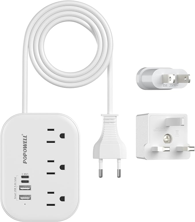 European Plug Adapter,EU/UK/US Travel Power Strip with 3 Outlets & 4 USB Ports(3.4A), International Power Adapter with 3 FT Extension Cord Compact for US to EU UK Germany Italy France Cruise