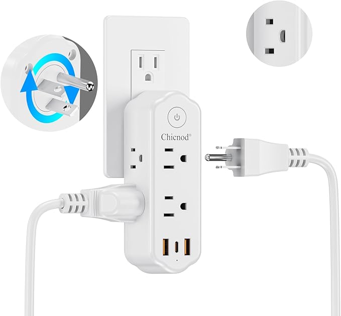 Outlet Extender Surge Protector, 360° Rotating Plug Power Strip with 6 AC Outlets, 3-Sided Space Saving Design, 3 Ports (2 USB-A + 1 USB-C) Multi Plug Expander On/Off Switch for Home, Office, Travel
