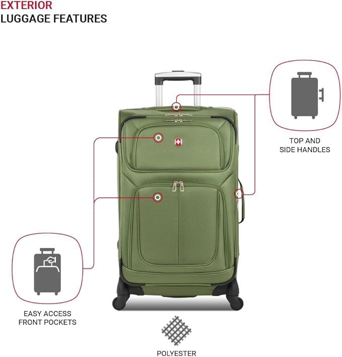 SWISSGEAR Sion Softside Expandable Spinner Luggage Durable Lightweight Travel Suitcase, Evergreen, Checked-Medium 25-Inch
