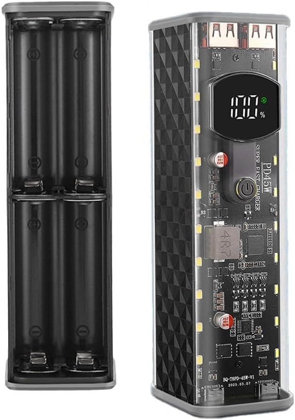 RichVibe Solder-Free Portable Power Bank Case 22.5W 45W Transparent DIY Battery Box for Cells with PD QC Fast Charging(black 45W)