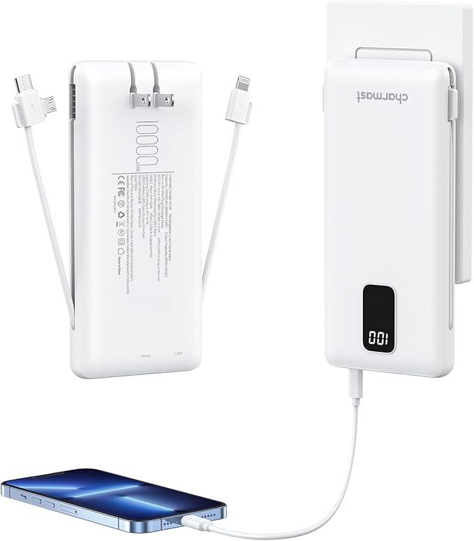 charmast Portable Charger with Built-in Cables and Wall Plug, 10000mAh USB C Portable Power Bank, Potable Phone Charger, Travel Essentials Compatible with iPhones, Samsung Galaxy, iPad