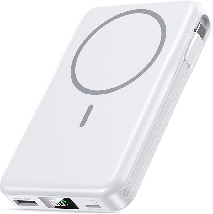 Magnetic Portable Charger, 10000mAh Power Bank, 5 in 1 Portable Charger with Built in Cable, 20W Fast Charging for Magsafe Battery Pack Compatible with iPhone 17/16/15/14/13/12 Pro/Pro Max-White