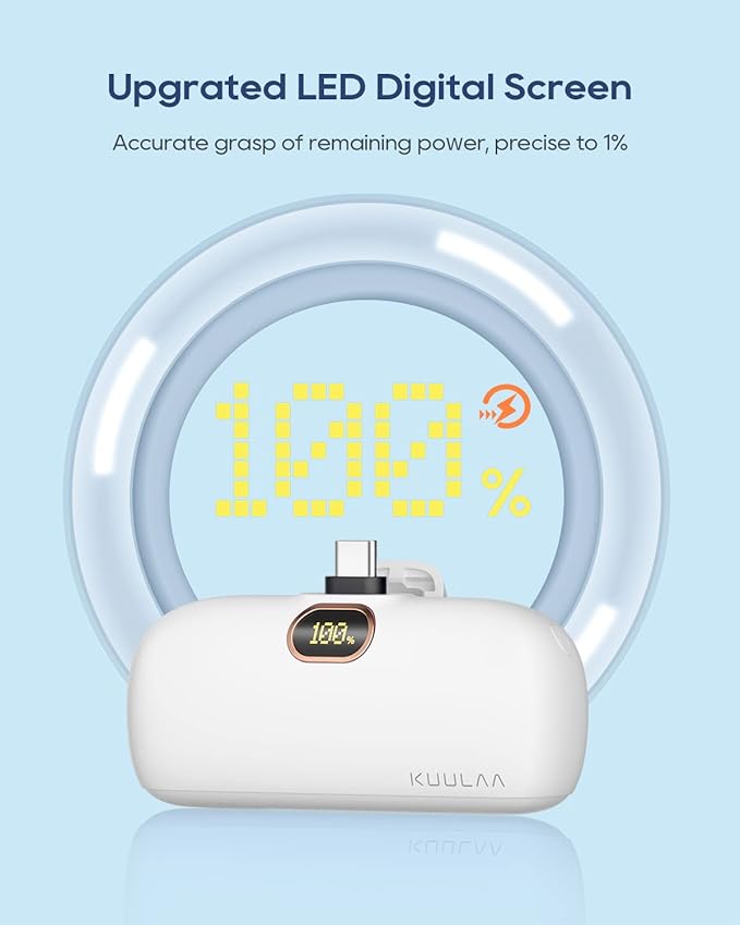 Kuulaa Portable Phone Charger with Built-in USB-C Plug, 5000mAh Mini Portable Charger Power Bank Small Battery Pack for iPhone air/15/16,Samsung S22/S23 & Android (White)