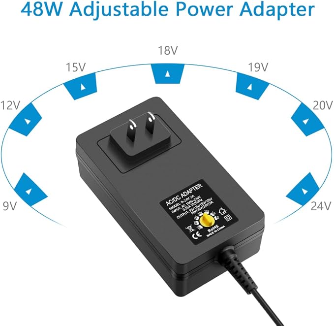 SHNITPWR 48W Universal Power Supply 9V 12V 15V 17V 19V 20V 24V Adjustable Variable AC/DC Adapter with 5.5x2.5mm Tip 100V-240V AC to DC Converter 9V~24V 0.8A 0.5A 1A 1.2A 1.5A 1.8A 2A Max with 14 Tips