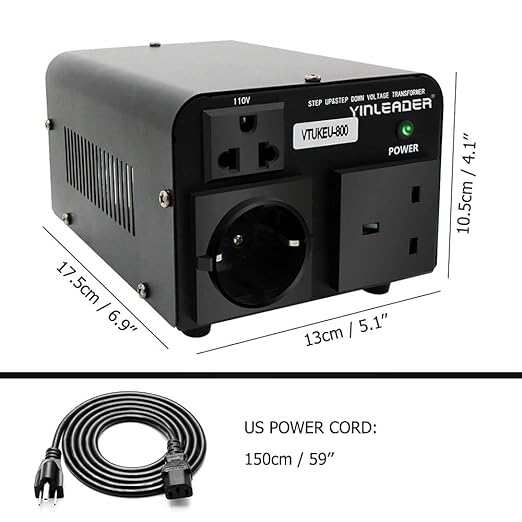 Yinleader Voltage Converter 800W Step Up/Down Transformer 110/120V to 220/230/240V for use European, UK and More Overseas appliances in The US/CA/MX [110V US Power Cord Included Only, No 220V Cord]