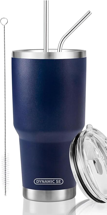 D·S 30 oz Navy Tumbler Stainless Steel Double Wall Vacuum Insulated Mug with Straw and Lid, Cleaning Brush for Cold and Hot Beverages