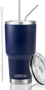 D·S 30 oz Navy Tumbler Stainless Steel Double Wall Vacuum Insulated Mug with Straw and Lid, Cleaning Brush for Cold and Hot Beverages