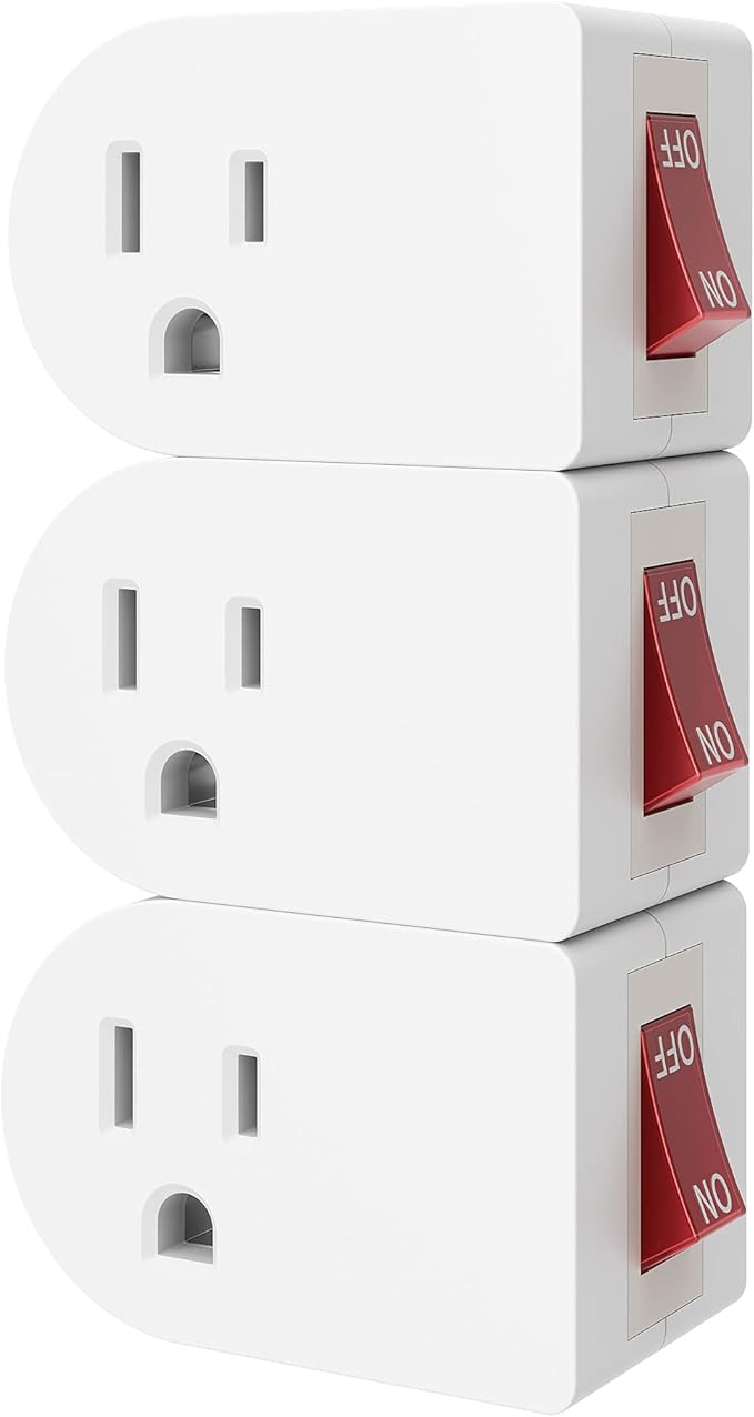 oviitech 3 Pack Grounded Outlet Wall Tap Adapter with On/Off Power Switch，Single Outlet with Switch in White